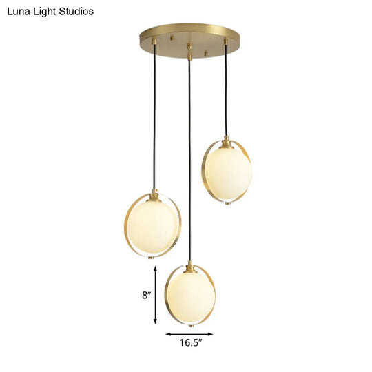 Modern Opal Glass Ball Suspension Pendant Lamp With 3 Heads In Gold