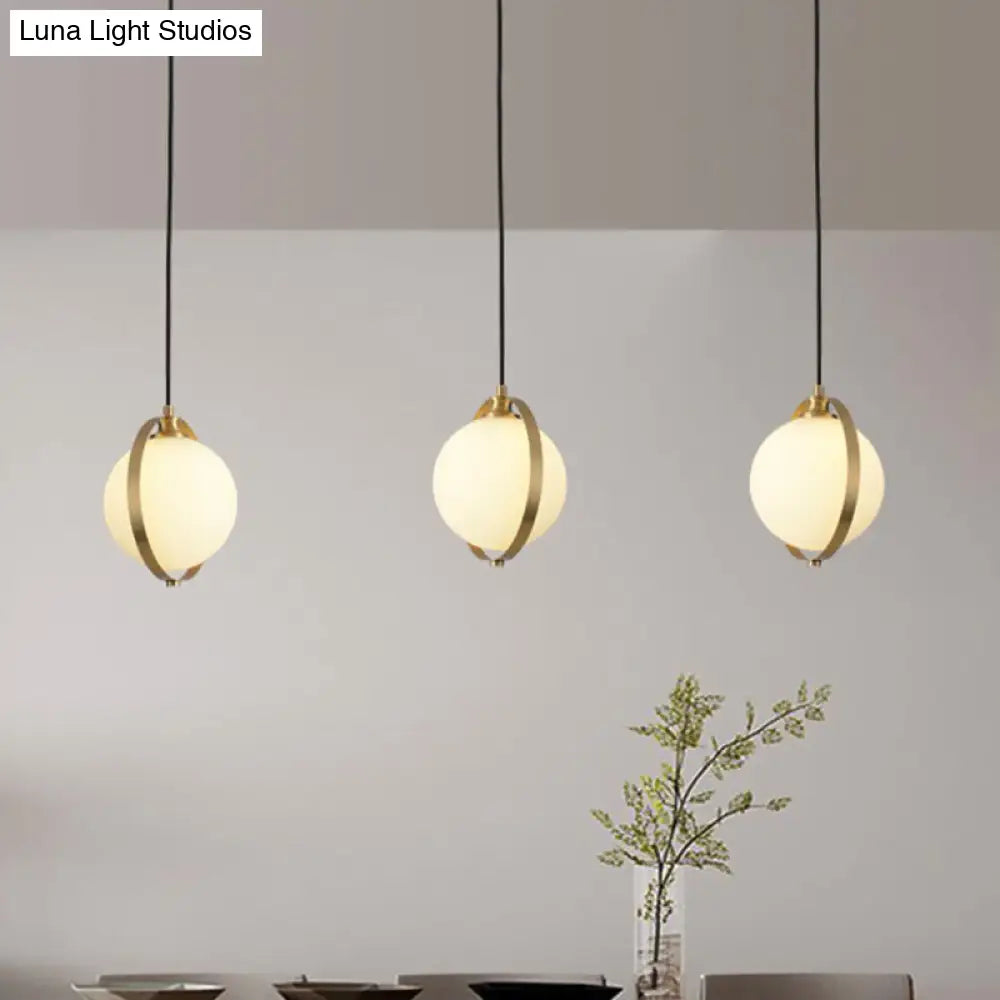 Modern Opal Glass Ball Suspension Pendant Lamp With 3 Heads In Gold
