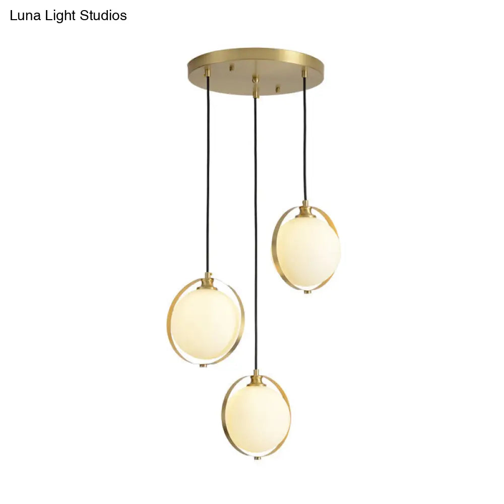 Modern Opal Glass Ball Suspension Pendant Lamp With 3 Heads In Gold