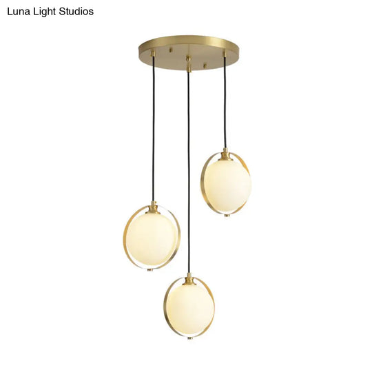 Modern Opal Glass Ball Suspension Pendant Lamp With 3 Heads In Gold