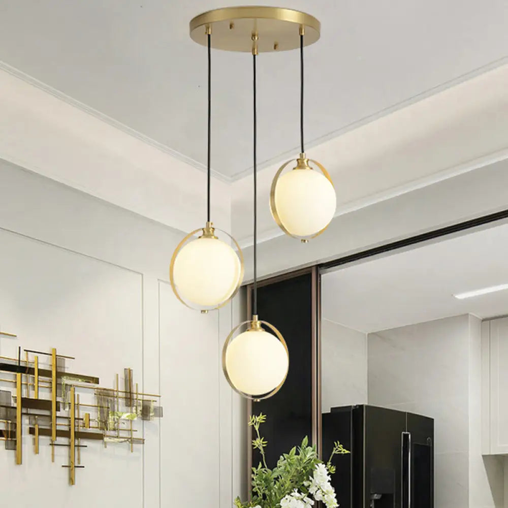 Modern Opal Glass Cluster Pendant Light With 3 Gold Heads & Canopy / Round