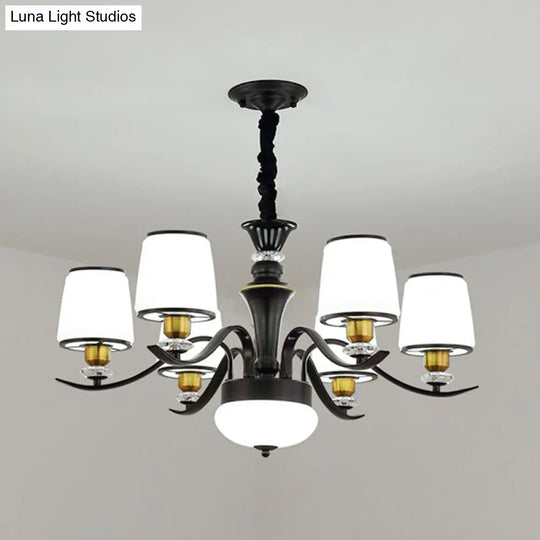 Opal Glass Pendant Chandelier In Black - Modernist Drum Living Room Hanging Lamp 6 /