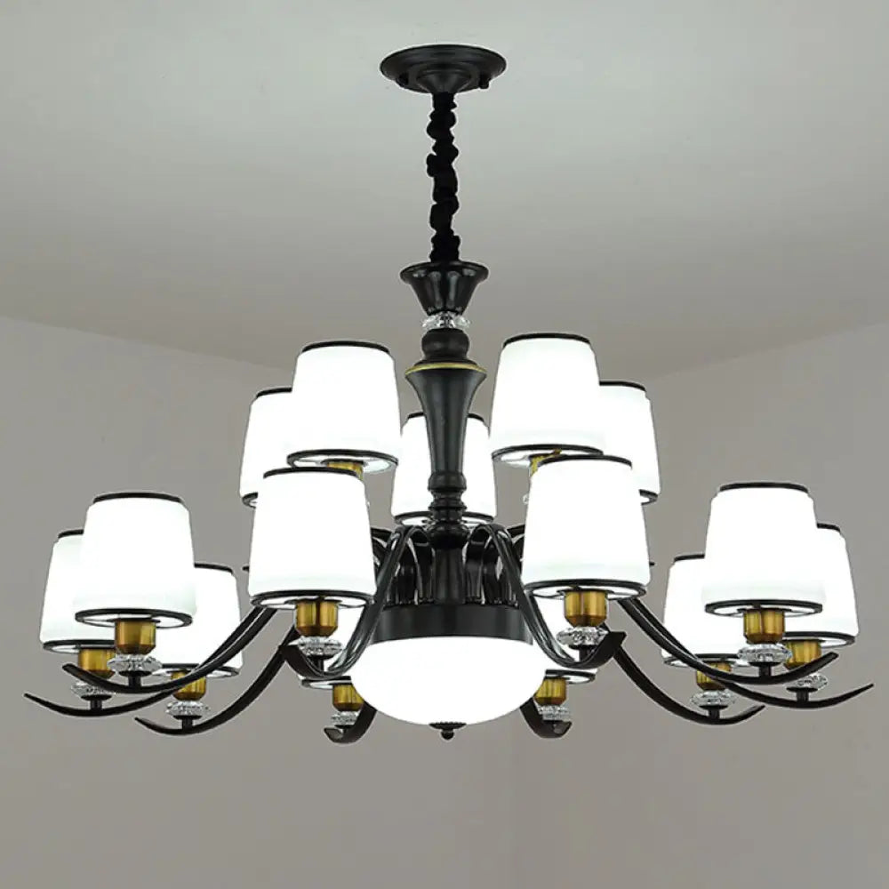 Modern Opal Glass Drum Pendant Chandelier For Living Room In Black 15 /