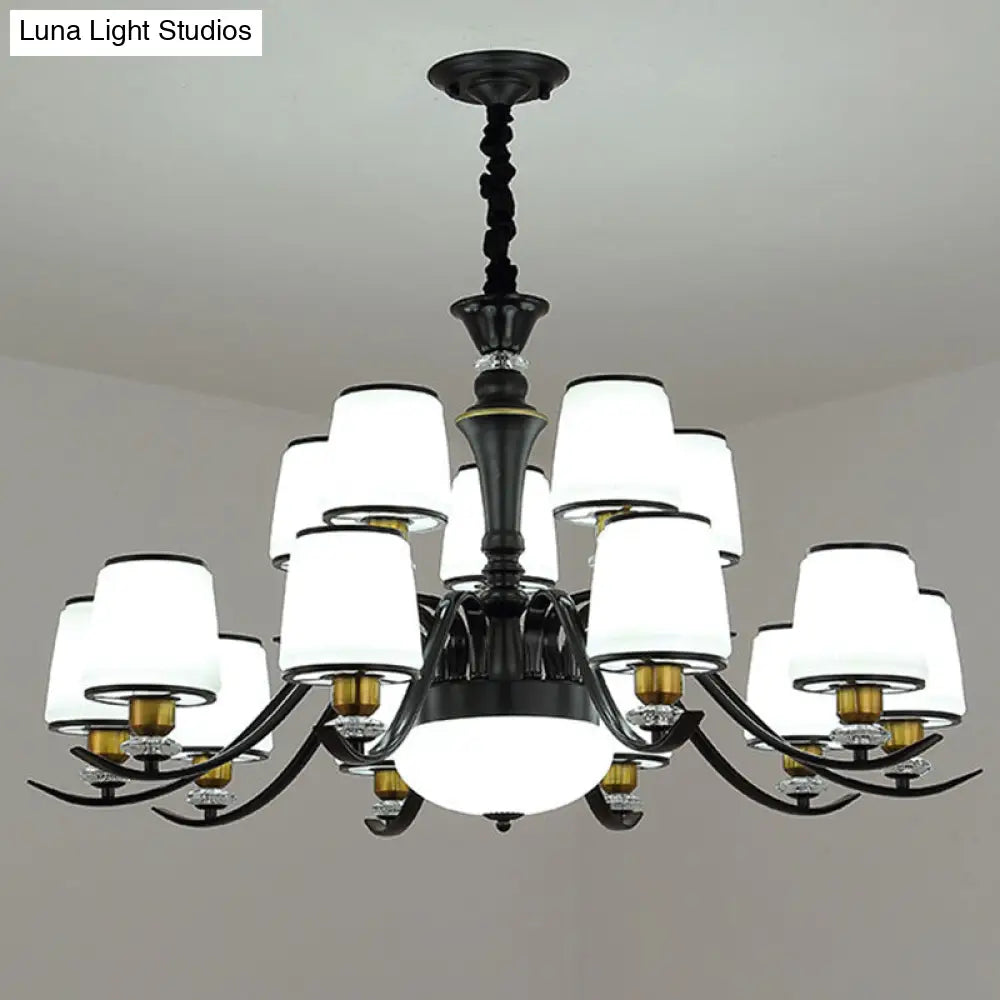 Opal Glass Pendant Chandelier In Black - Modernist Drum Living Room Hanging Lamp 15 /