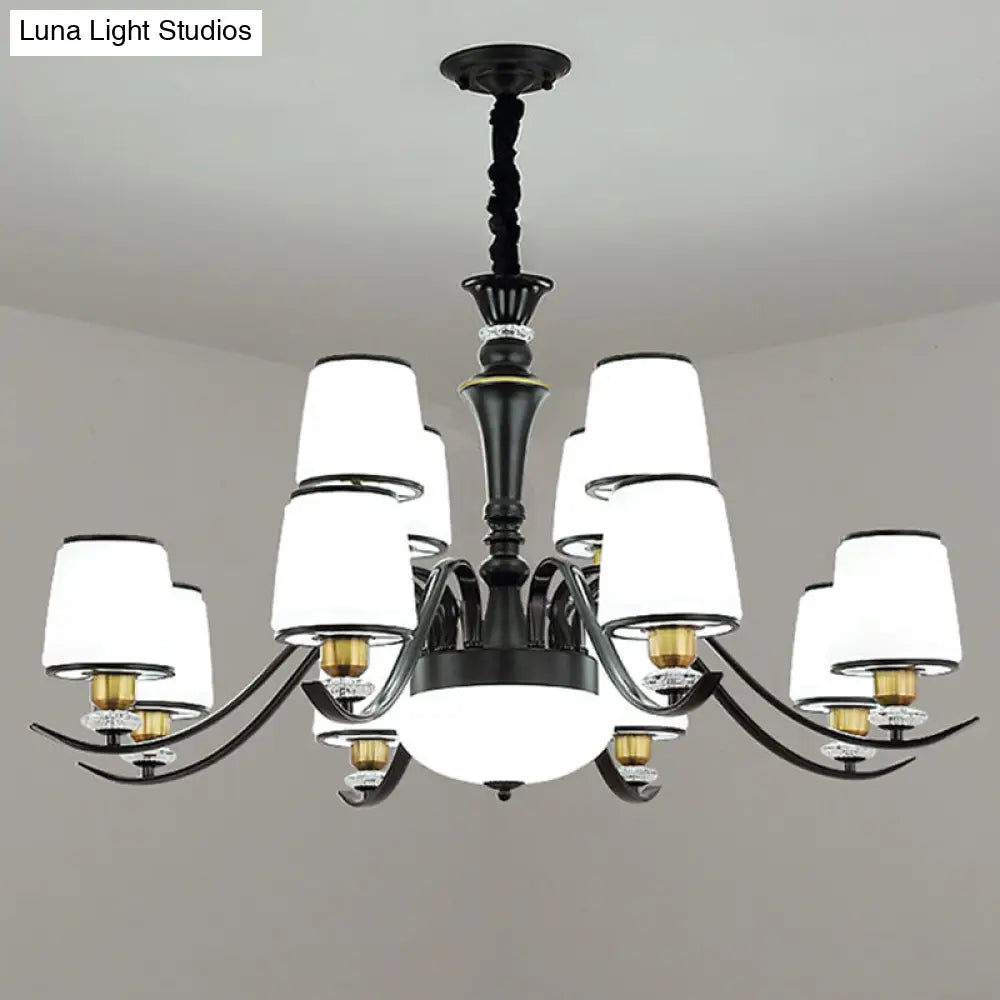 Opal Glass Pendant Chandelier In Black - Modernist Drum Living Room Hanging Lamp 12 /