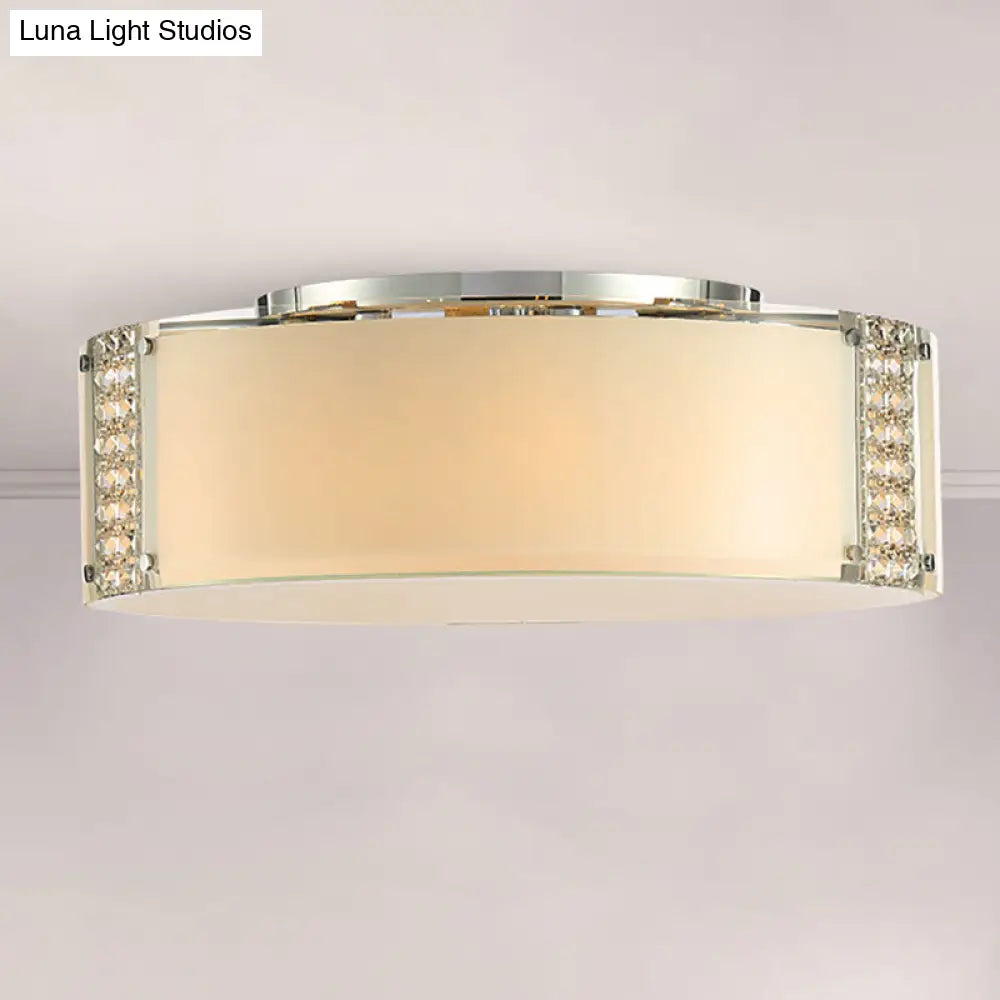 Modern Opal Glass Flush Mount Ceiling Light With Clear Crystal Accents - 8 Lights Drum Fixture