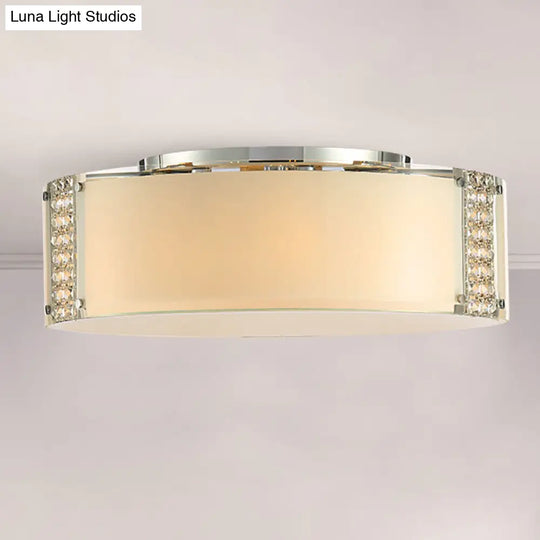 Modern Opal Glass Flush Mount Ceiling Light With Clear Crystal Accents - 8 Lights Drum Fixture