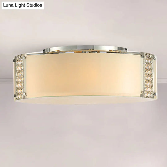 Modern Opal Glass Flush Mount Ceiling Light With Clear Crystal Accents - 8 Lights Drum Fixture