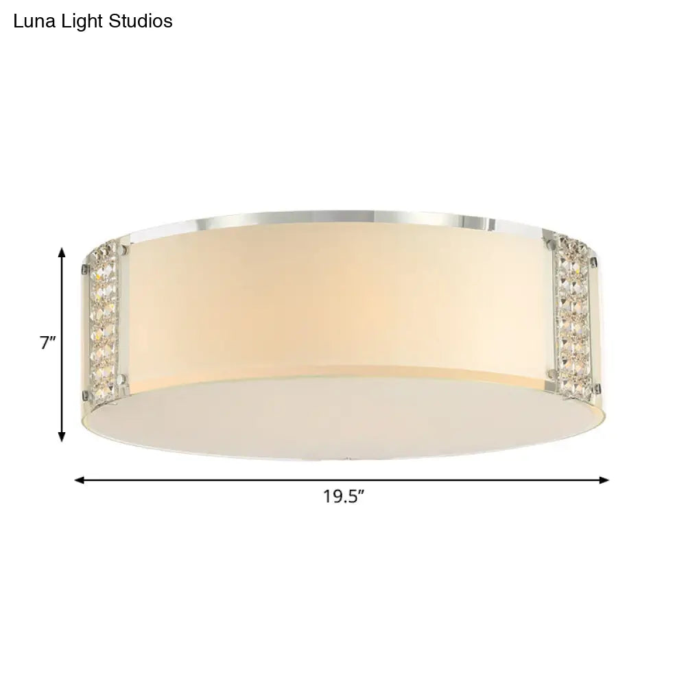 Modern Opal Glass Flush Mount Ceiling Light With Clear Crystal Accents - 8 Lights Drum Fixture
