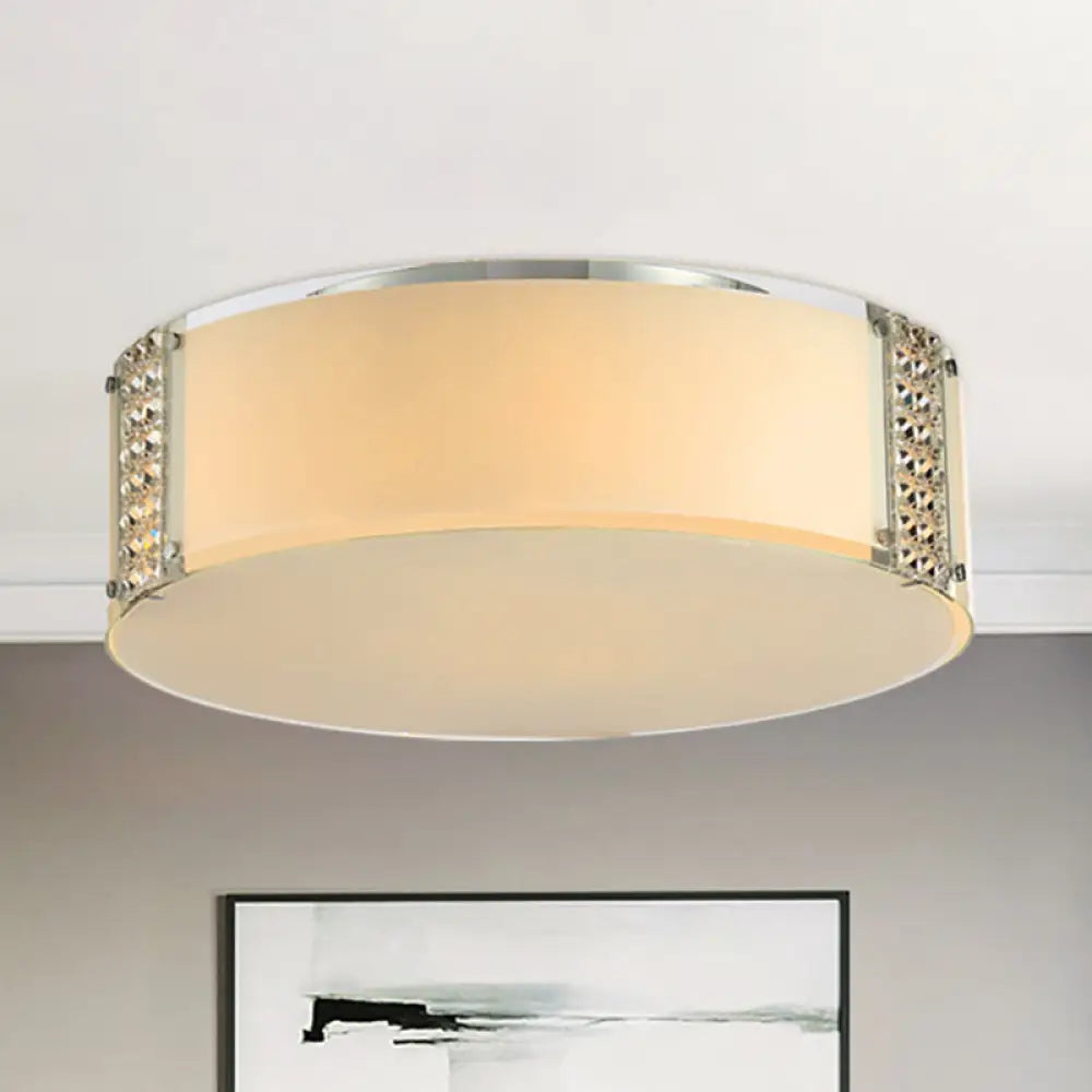 Modern Opal Glass Flush Mount Ceiling Light With Clear Crystal Accents - 8 Lights Drum Fixture White