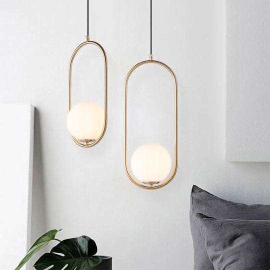 Modern Opal Glass Globe Pendant Light With Gold Finish And Oval Frame / Large