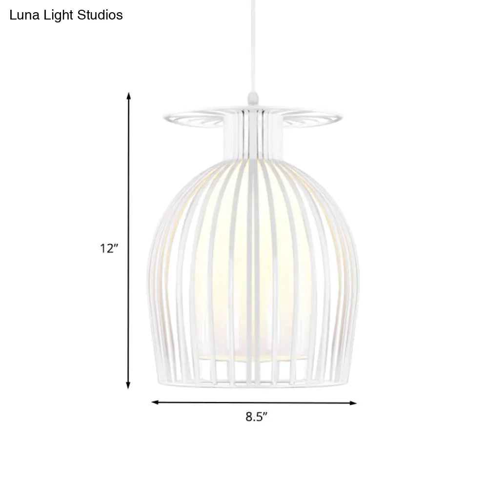 Modern Opal Glass Pendant Light With Iron Cage For Restaurant In White