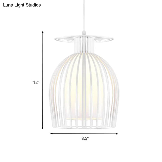 Modern Opal Glass Pendant Light With Iron Cage For Restaurant In White