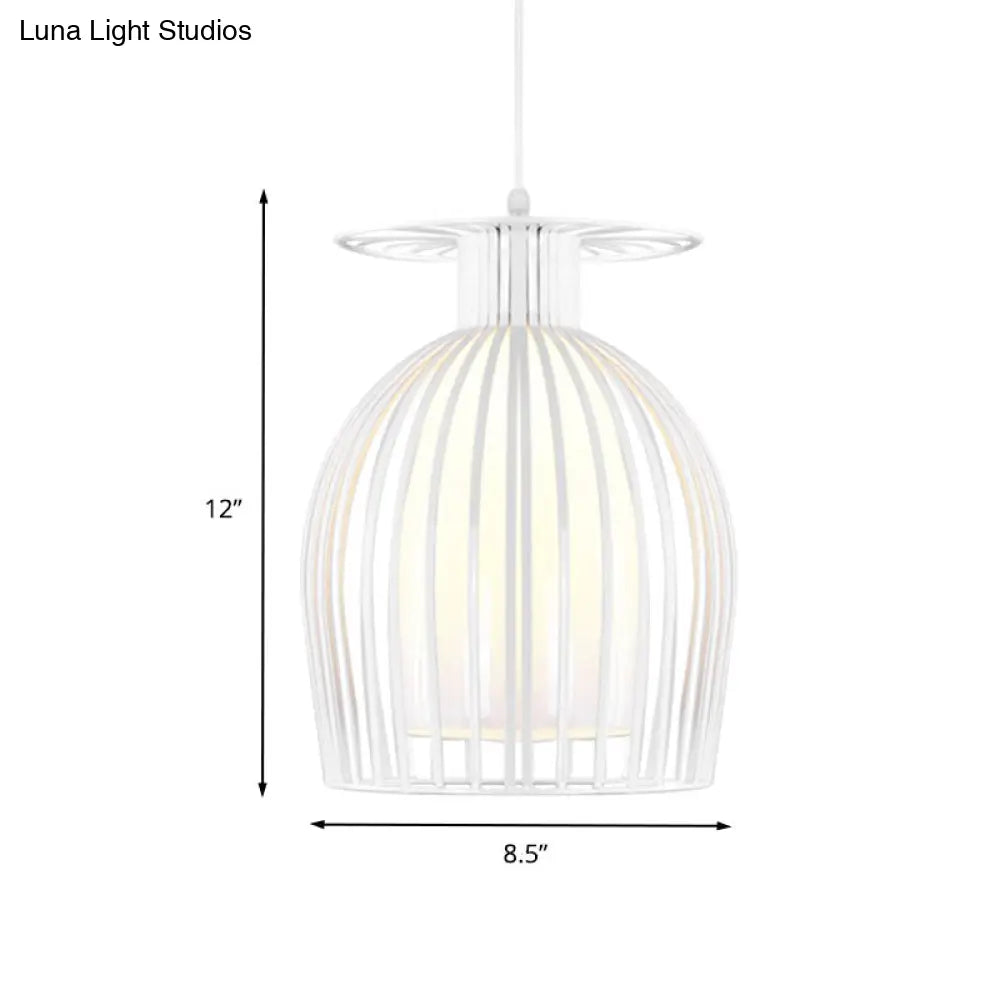 Iron Cup Cage Downlight Pendant With Opal Glass Shade - Modern 1 Light In White For Restaurants