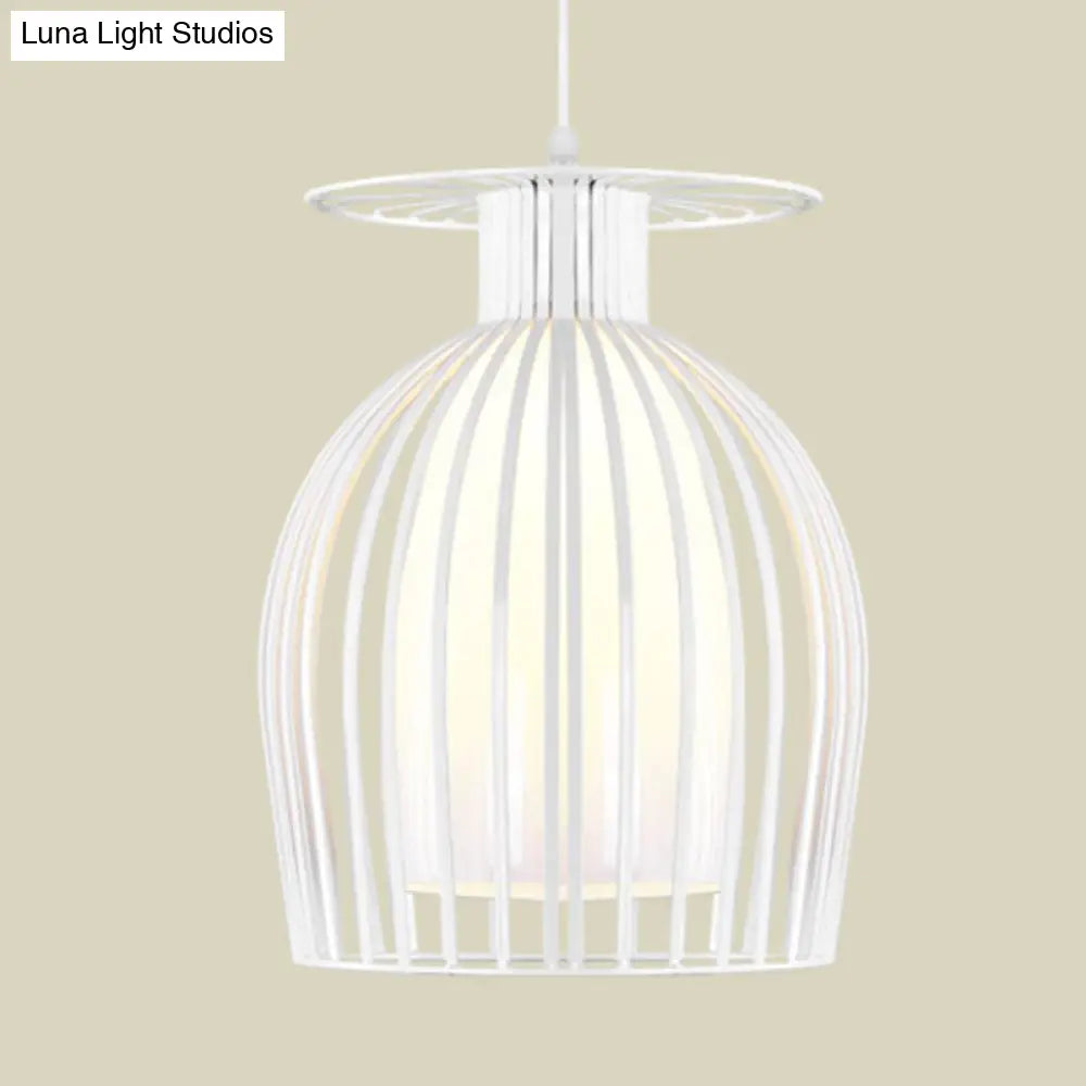 Iron Cup Cage Downlight Pendant With Opal Glass Shade - Modern 1 Light In White For Restaurants