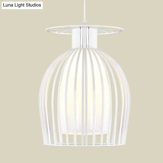 Iron Cup Cage Downlight Pendant With Opal Glass Shade - Modern 1 Light In White For Restaurants