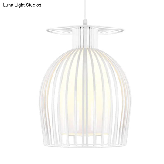 Modern Opal Glass Pendant Light With Iron Cage For Restaurant In White