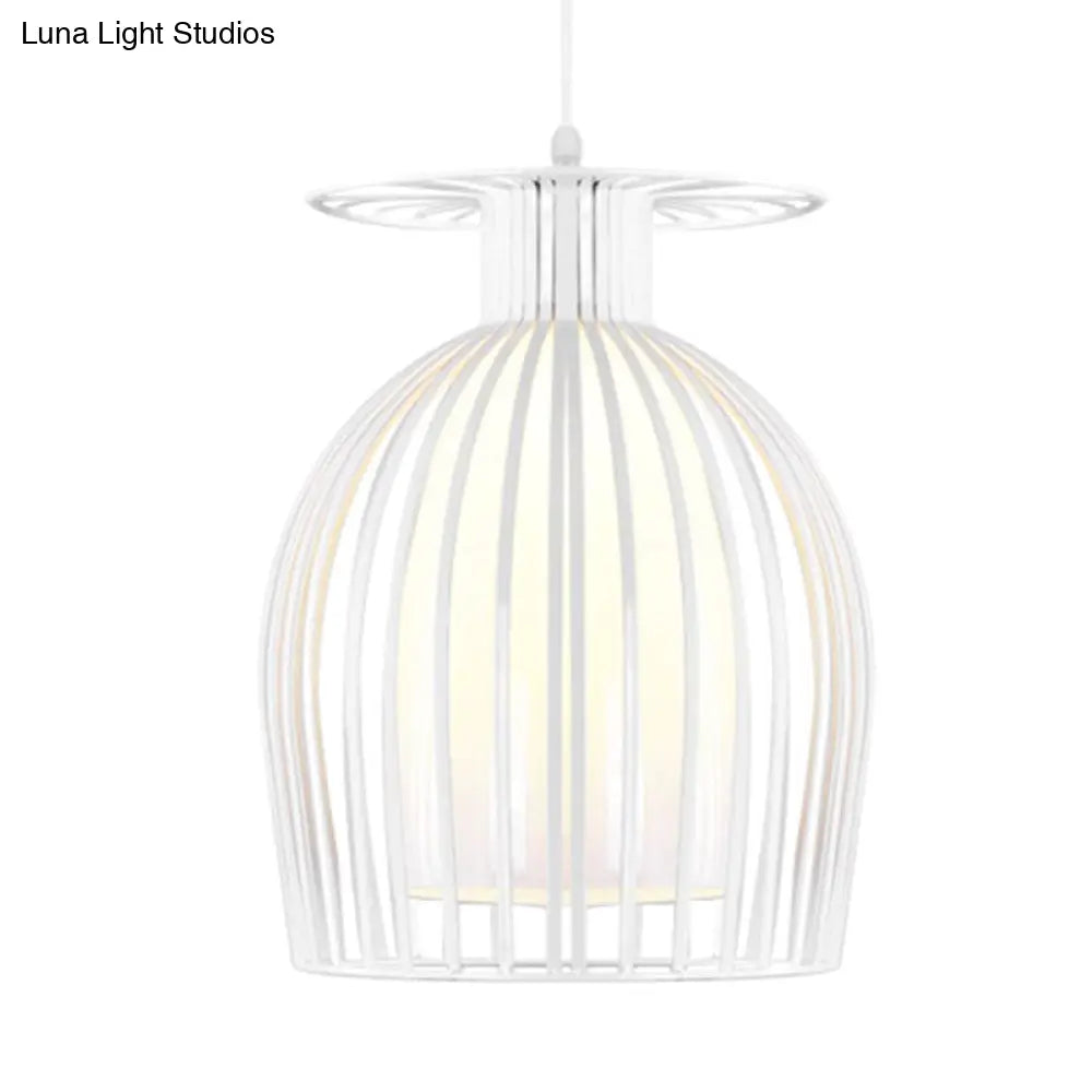 Iron Cup Cage Downlight Pendant With Opal Glass Shade - Modern 1 Light In White For Restaurants