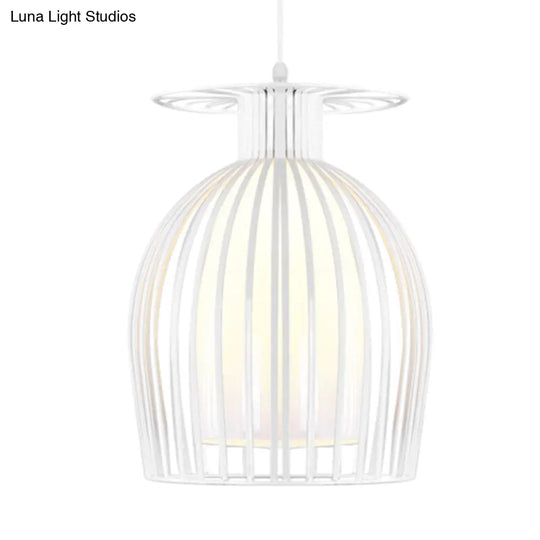 Iron Cup Cage Downlight Pendant With Opal Glass Shade - Modern 1 Light In White For Restaurants