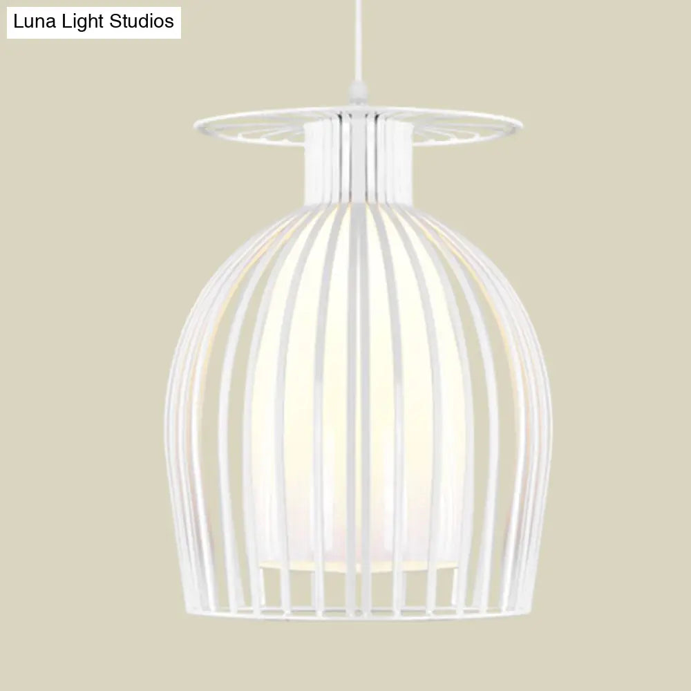 Modern Opal Glass Pendant Light With Iron Cage For Restaurant In White