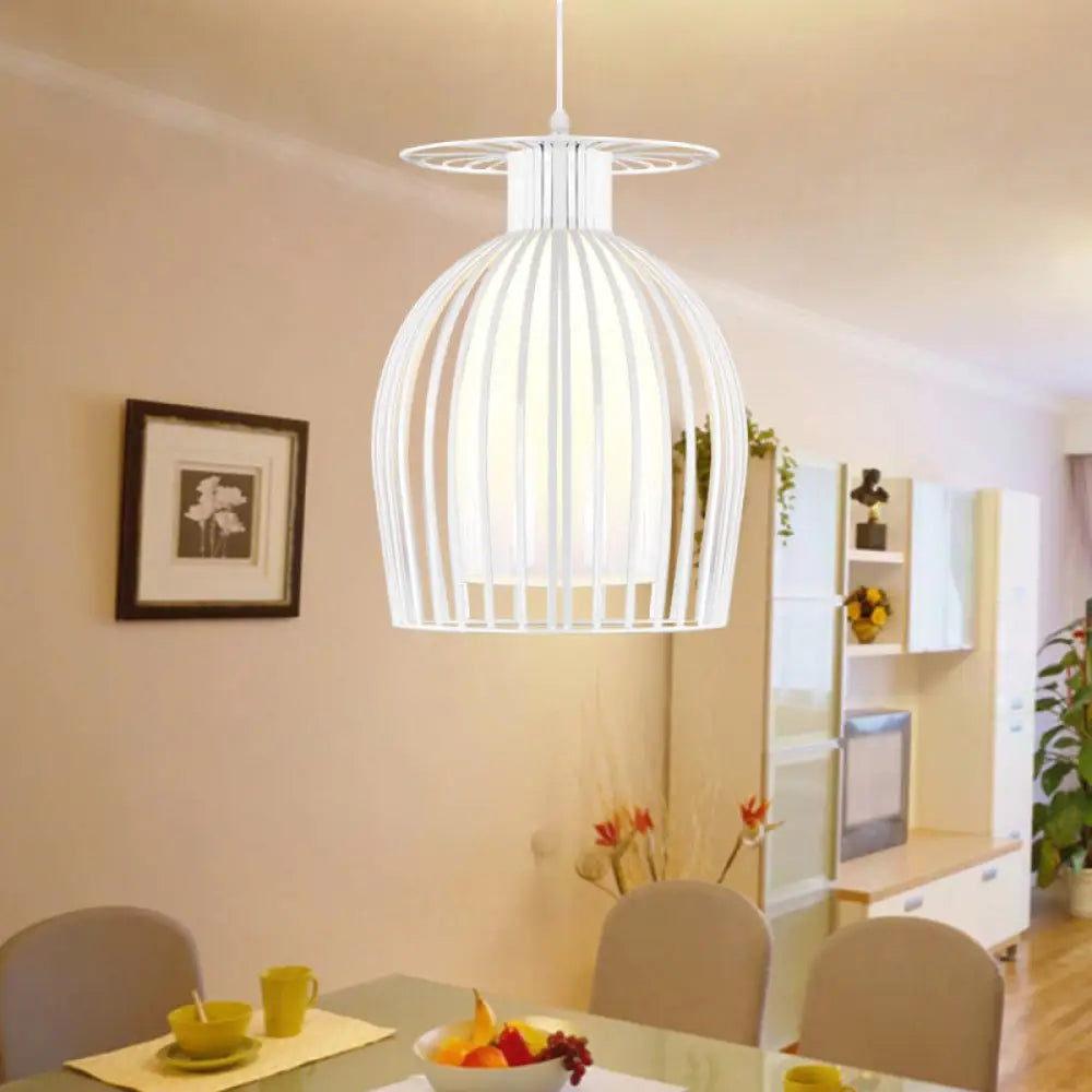 Modern Opal Glass Pendant Light With Iron Cage For Restaurant In White