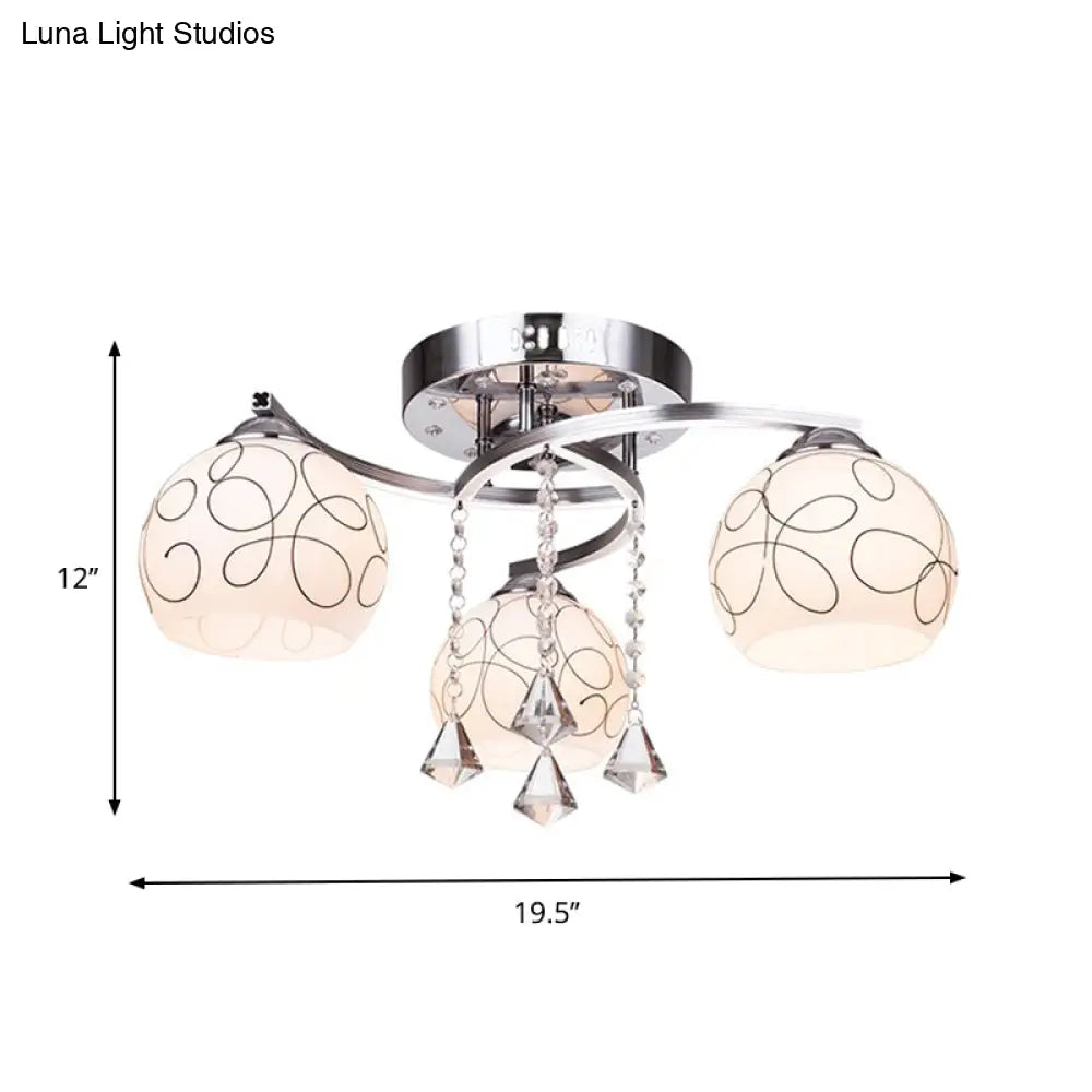 Modern Opal Glass Semi Flush Ceiling Light With Crystal Drop - 3/5 Lights Chrome Finish