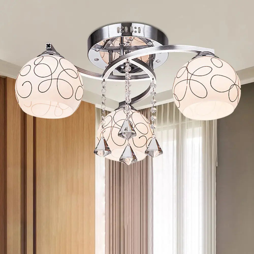 Modern Opal Glass Semi Flush Ceiling Light With Crystal Drop - 3/5 Lights Chrome Finish 3 /