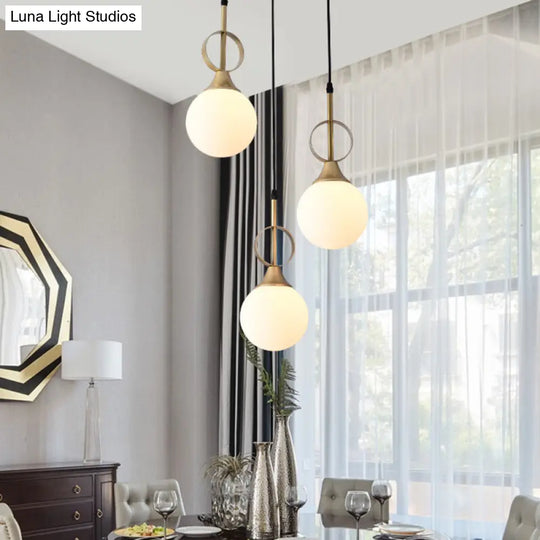 Opal Glass Single Bedside Pendant Lamp Kit - Minimalist Ball Hanging Design In Black-Gold