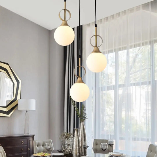 Modern Opal Glass Single Bedside Pendant Lamp - Minimalist Ball Hanging Kit With Black-Gold Ring Top