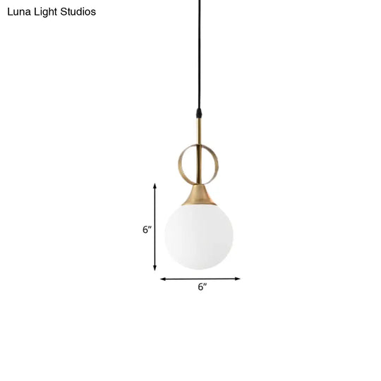Modern Opal Glass Single Bedside Pendant Lamp - Minimalist Ball Hanging Kit With Black-Gold Ring Top