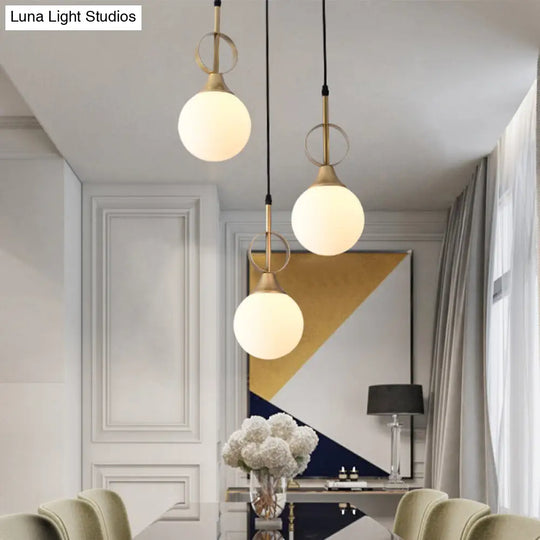 Opal Glass Single Bedside Pendant Lamp Kit - Minimalist Ball Hanging Design In Black-Gold