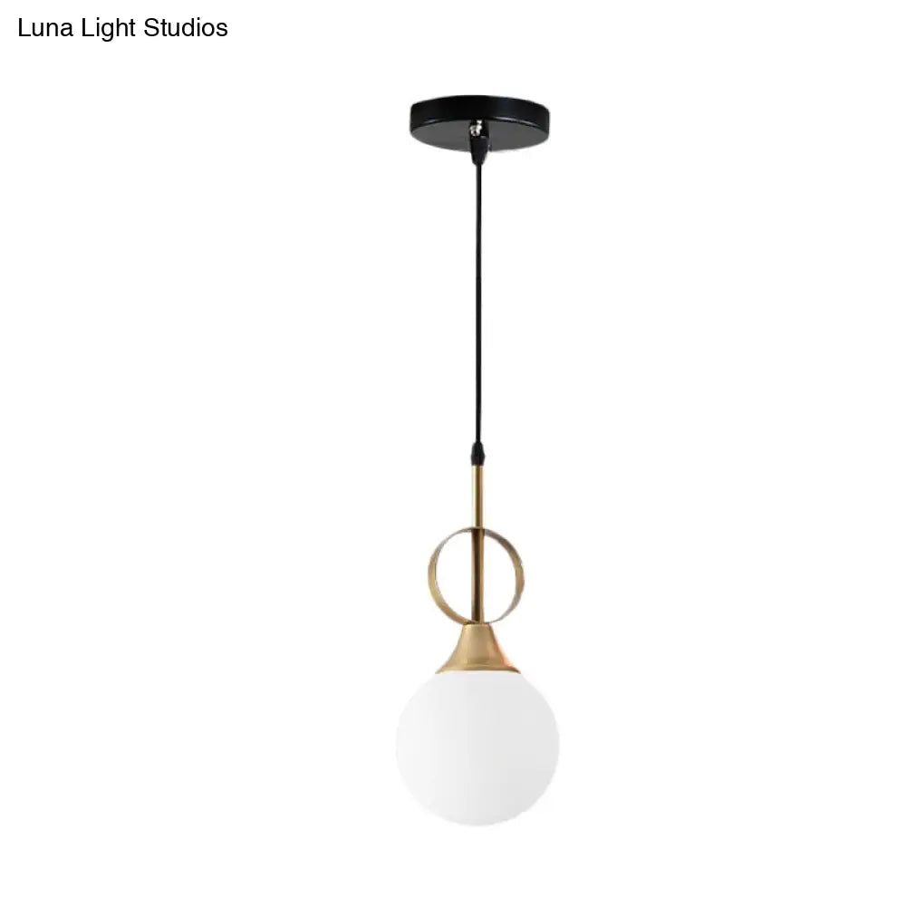 Modern Opal Glass Single Bedside Pendant Lamp - Minimalist Ball Hanging Kit With Black-Gold Ring Top