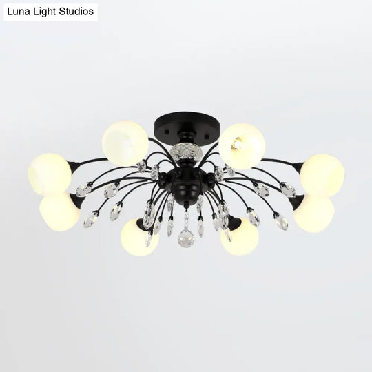 Modern Opal Glass Sputnik Globe Semi Flush Ceiling Fixture With Crystal Deco - 8 - Bulb Black