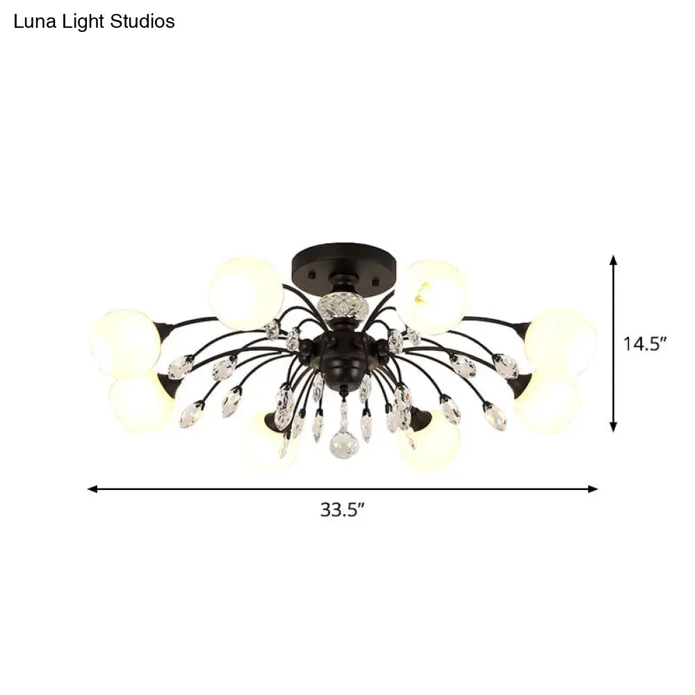 Modern Opal Glass Sputnik Globe Semi Flush Ceiling Fixture With Crystal Deco - 8-Bulb Black