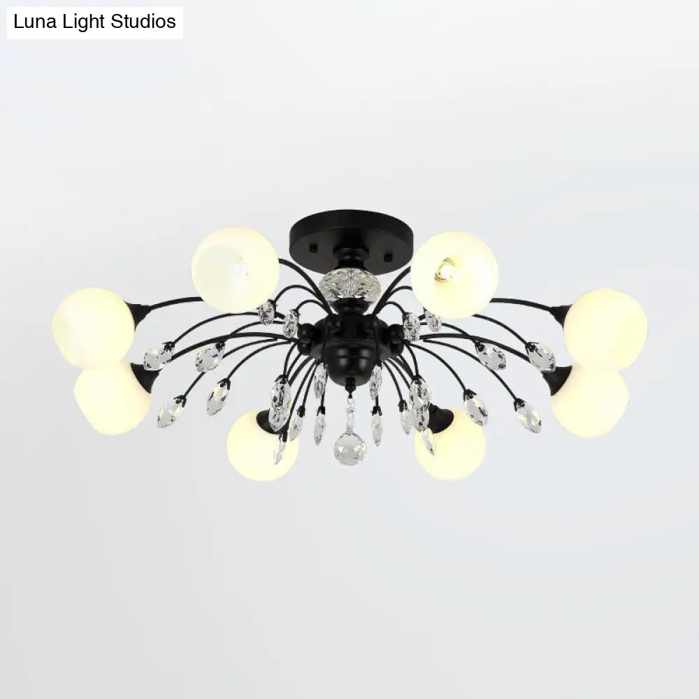 Modern Opal Glass Sputnik Globe Semi Flush Ceiling Fixture With Crystal Deco - 8-Bulb Black