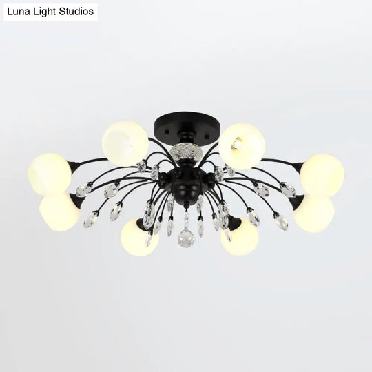 Modern Opal Glass Sputnik Globe Semi Flush Ceiling Fixture With Crystal Deco - 8-Bulb Black