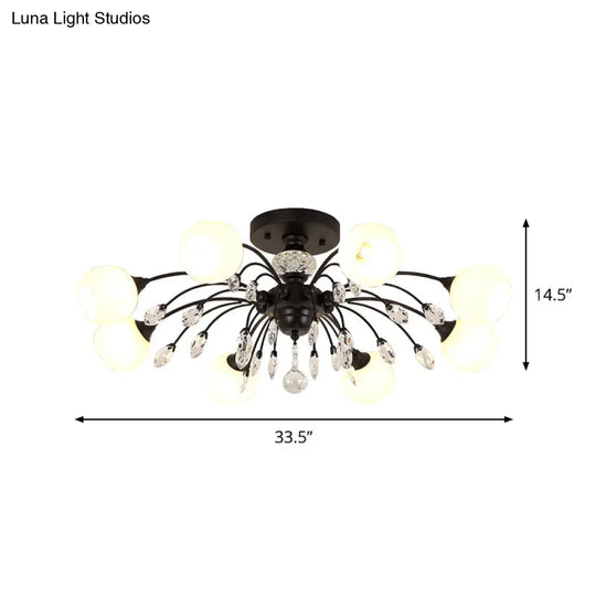 Modern Opal Glass Sputnik Globe Semi Flush Ceiling Fixture With Crystal Deco - 8 - Bulb Black