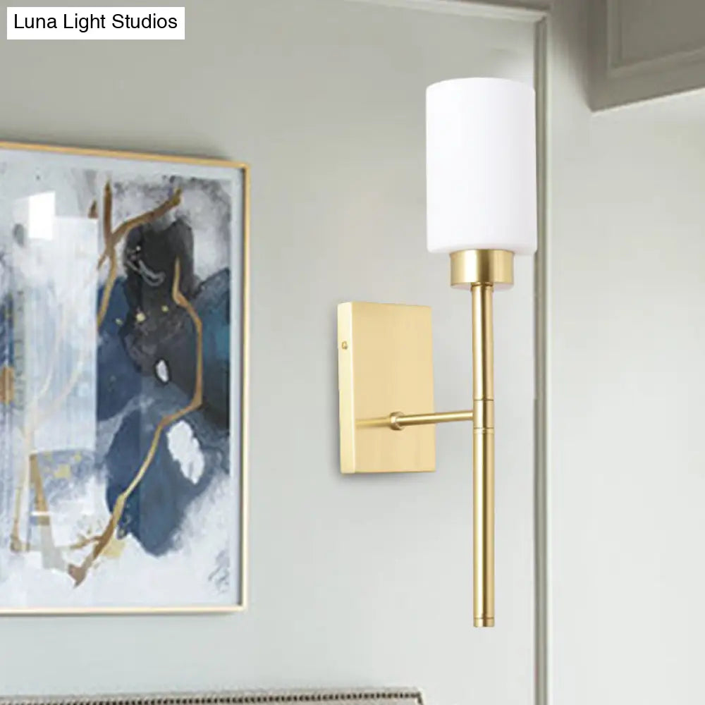 Modern Opal Glass Tube Sconce - 1 Bulb Wall Light In Brass With Metal Pencil Arm