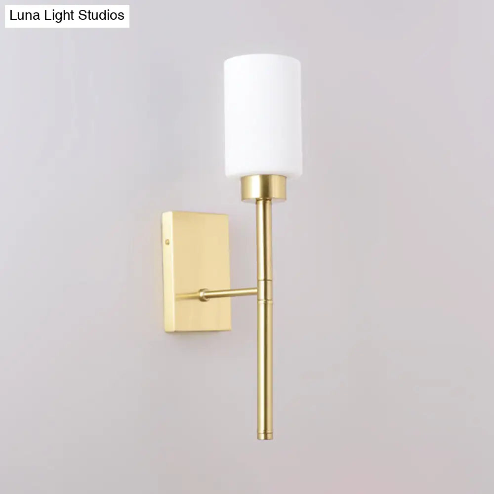 Modern Opal Glass Tube Sconce - 1 Bulb Wall Light In Brass With Metal Pencil Arm