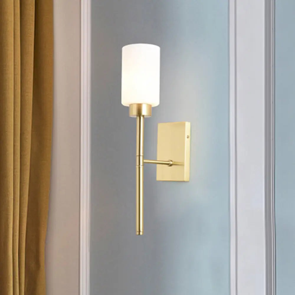 Modern Opal Glass Tube Sconce - 1 Bulb Wall Light In Brass With Metal Pencil Arm