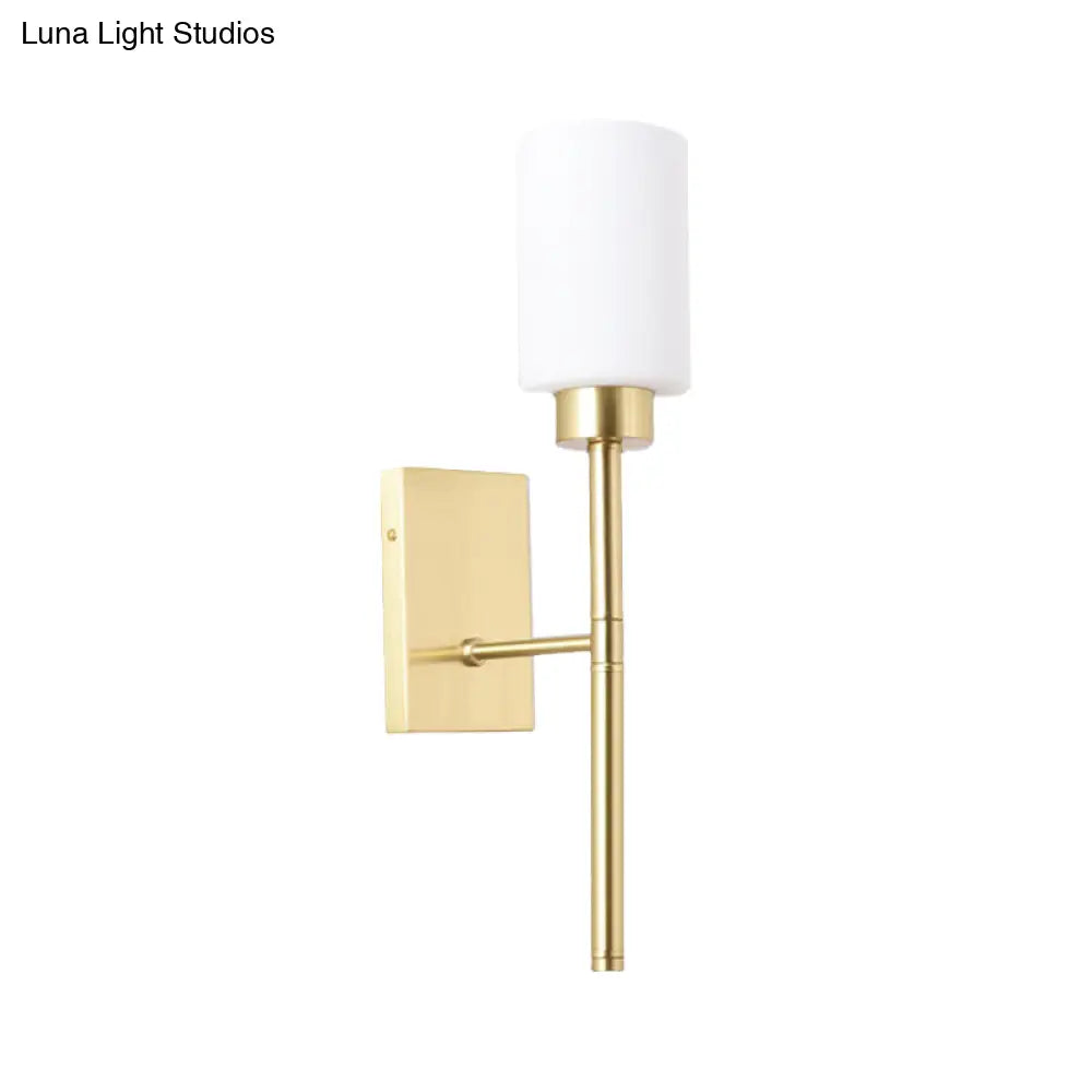 Modern Opal Glass Tube Sconce - 1 Bulb Wall Light In Brass With Metal Pencil Arm