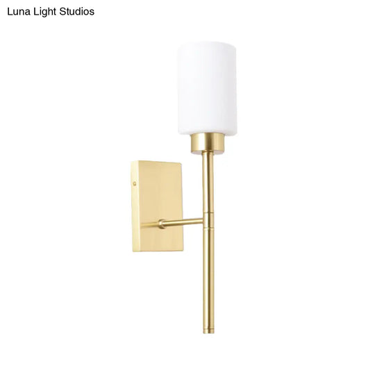 Modern Opal Glass Tube Sconce - 1 Bulb Wall Light In Brass With Metal Pencil Arm