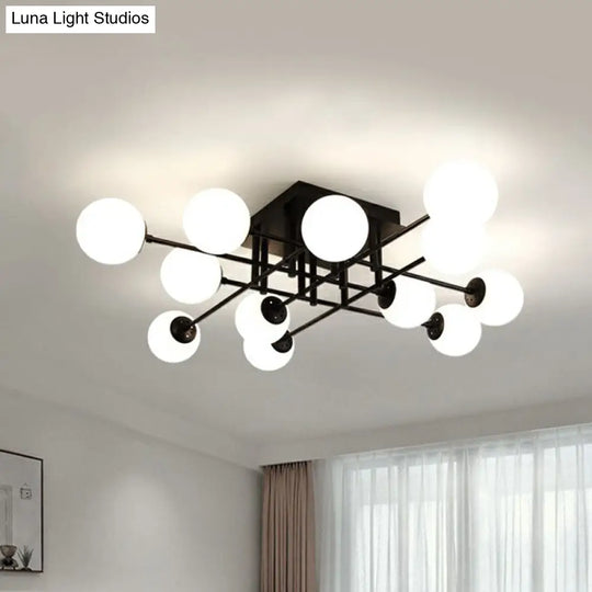 Modern Opaline Glass Ball Flush Mount Light In Black For Living Room