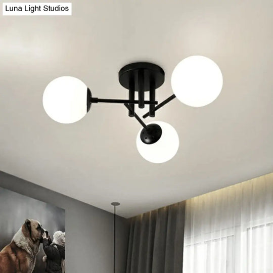 Modern Opaline Glass Ball Flush Mount Light In Black For Living Room