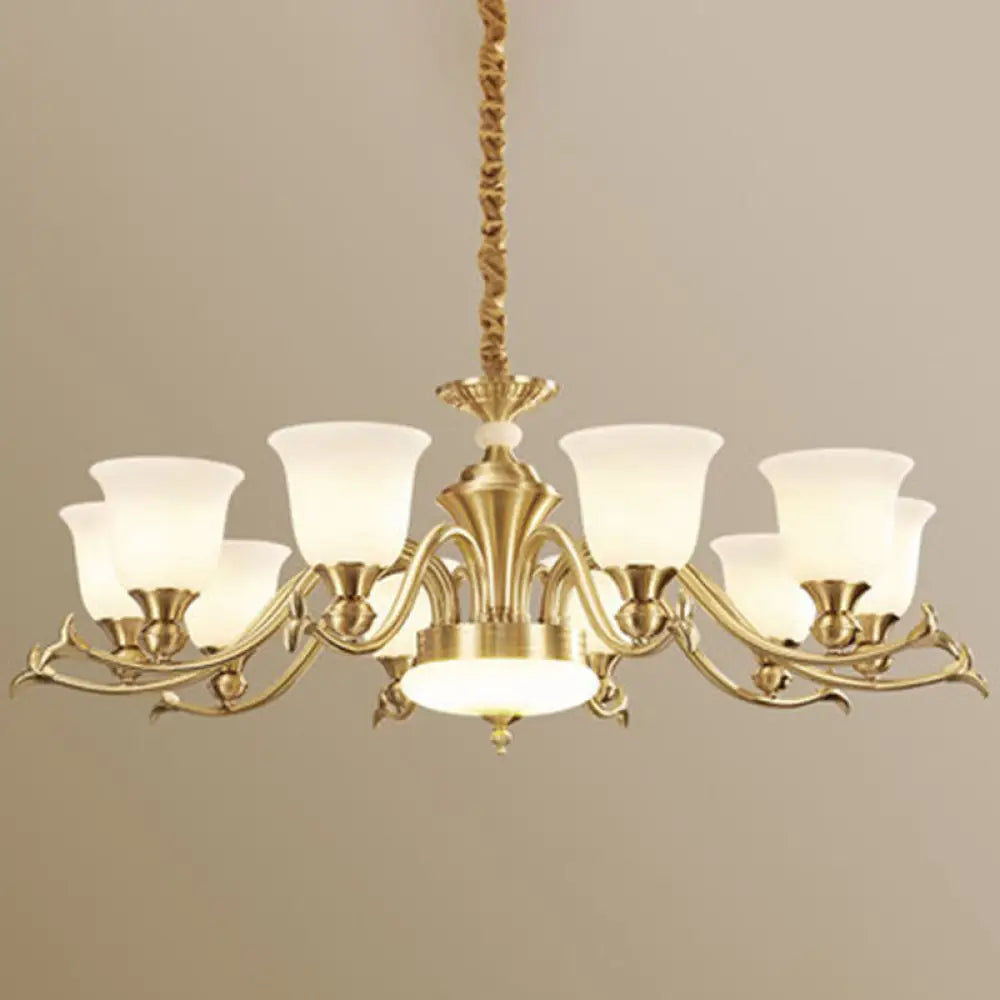 Modern Opaline Glass Chandelier For Living Room - Gold Bell Hanging Light Fixture 10 / White