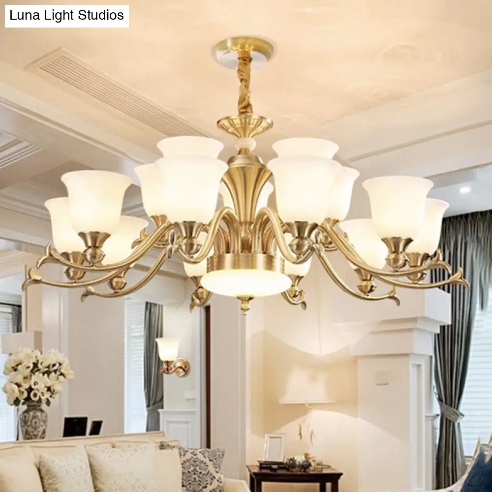 Modern Opaline Glass Chandelier For Living Room - Gold Bell Hanging Light Fixture