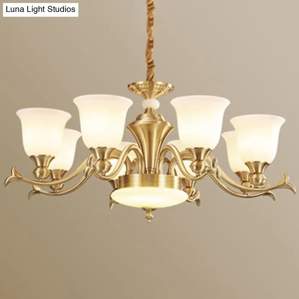 Modern Opaline Glass Chandelier For Living Room - Gold Bell Hanging Light Fixture