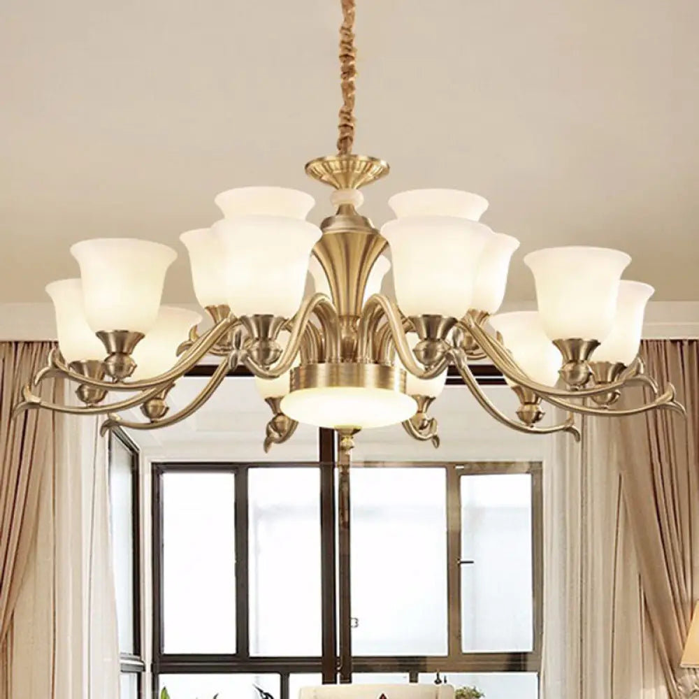 Modern Opaline Glass Chandelier For Living Room - Gold Bell Hanging Light Fixture 15 / White