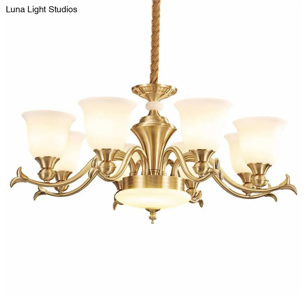 Modern Opaline Glass Chandelier For Living Room - Gold Bell Hanging Light Fixture