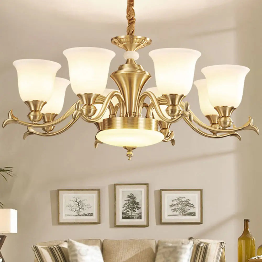 Modern Opaline Glass Chandelier For Living Room - Gold Bell Hanging Light Fixture 8 / White